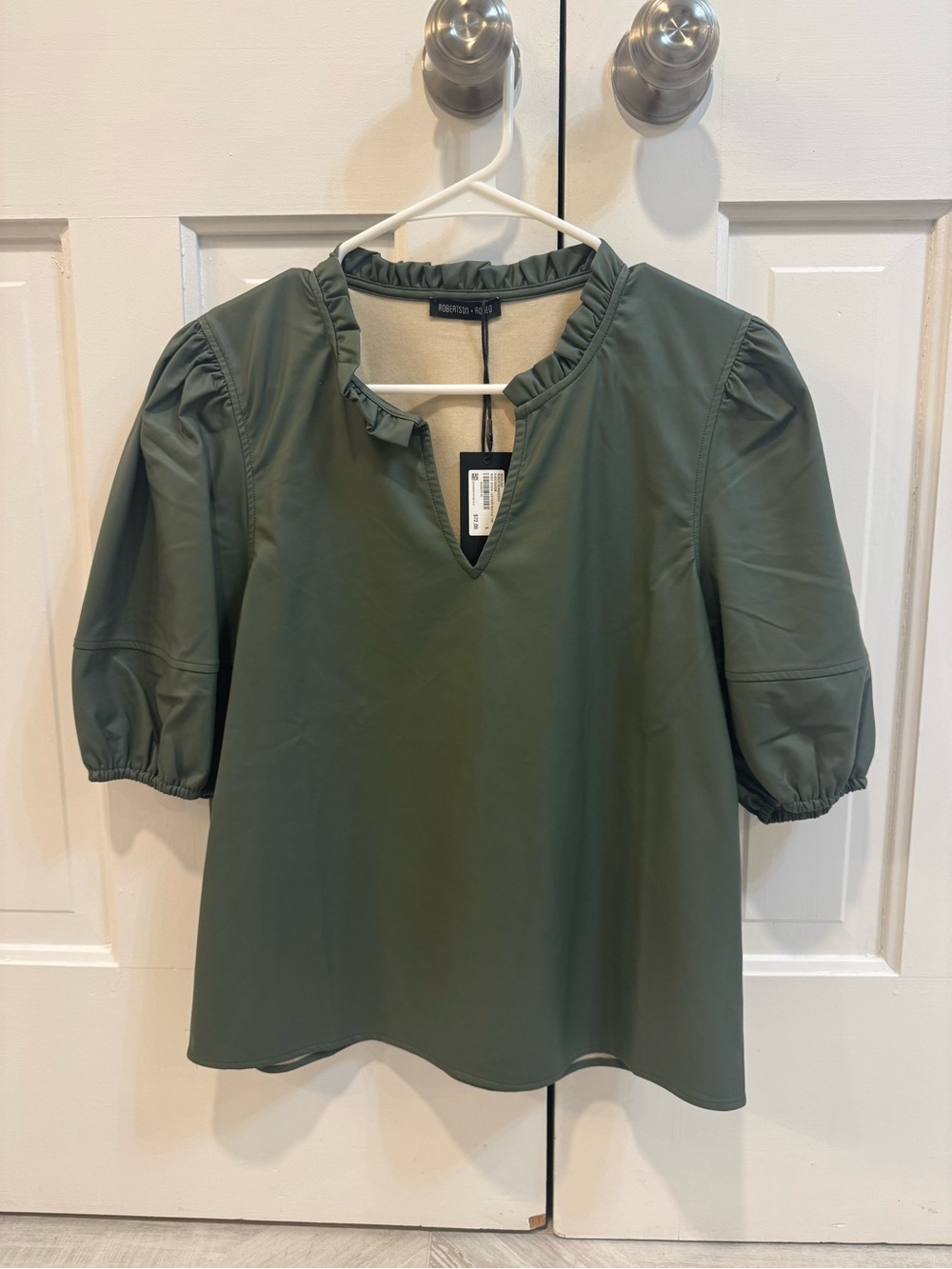 NWT Robertson + Rodeo Vegan Leather Olive Green Blouse